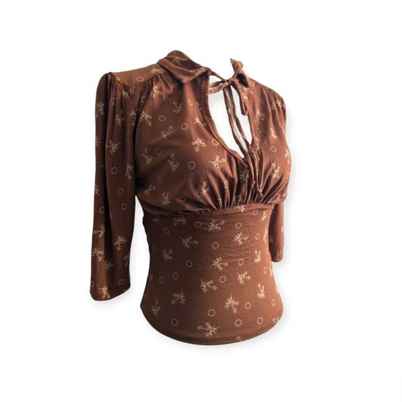 FREE PEOPLE Soraya Top Brown Floral Size XS Keyhole Neck Open Back - Picture 2 of 7